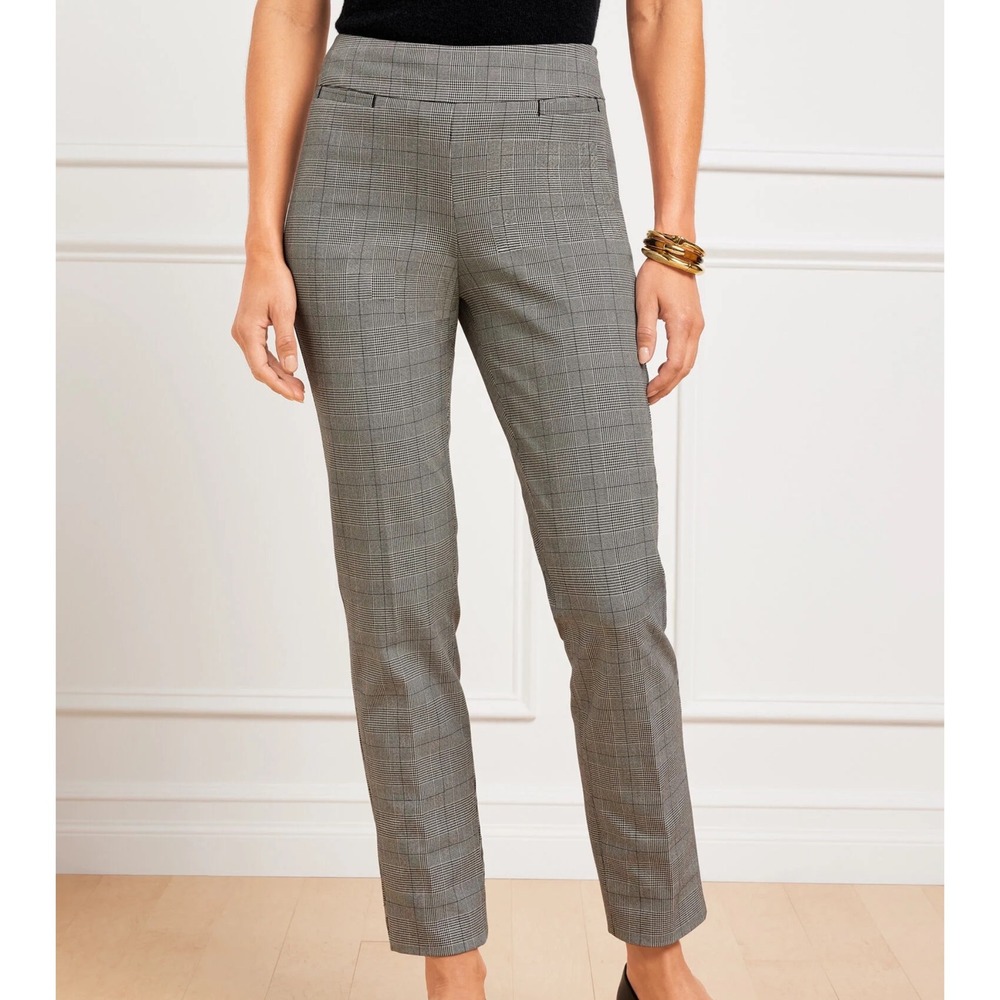 Talbots Chatham Ankle Pants Size 8 Black White Glen Plaid Side Zip Slim Leg